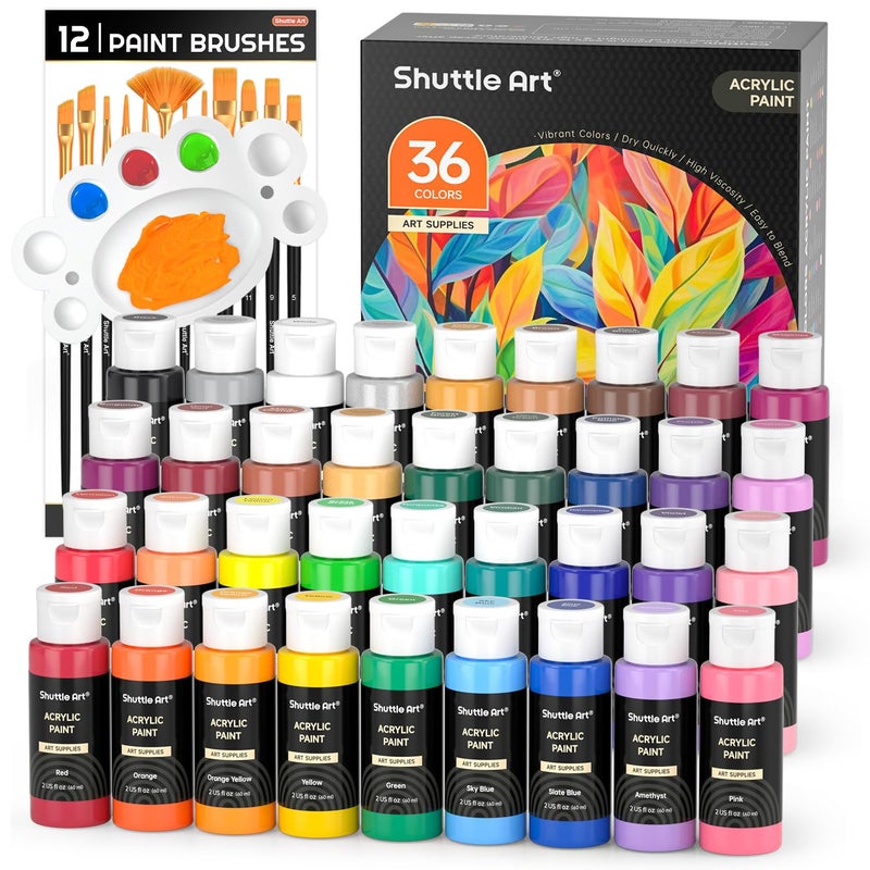 Shuttle Art Acrylic Paint, 36 Colors Acrylic Paint Set with Brushes & Palette, 2oz/60ml Bottles, Rich Pigments Non-toxic for Artists Kids & Adults, Painting on Canvas Rocks Ceramic Wood - Image 1